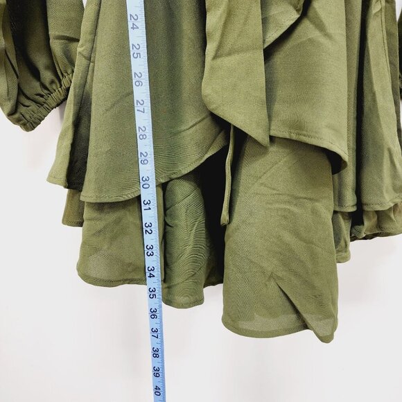 Green Long-Sleeve V-Neck Wrap Dress With Ruffle Hem & Tie Waist - Size L - Picture 8 of 12